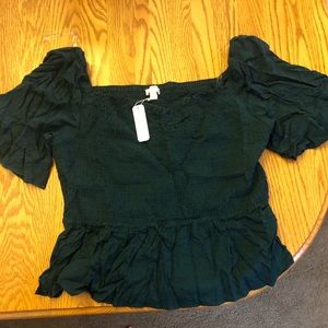 Charming Charlie forest green ruched top with ruffled sleeves